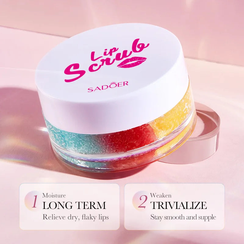 SADOER Rainbow Lip Scrub – 3-Color Exfoliating & Hydrating Lip Balm for Smooth, Plump Lips