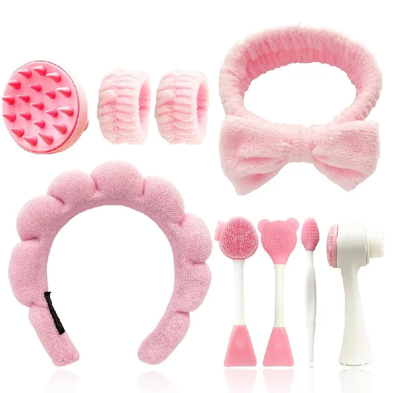 9-Piece Pink Beauty Kit – Headband Set, Facial Brushes & Massage Tools for Skincare & Makeup