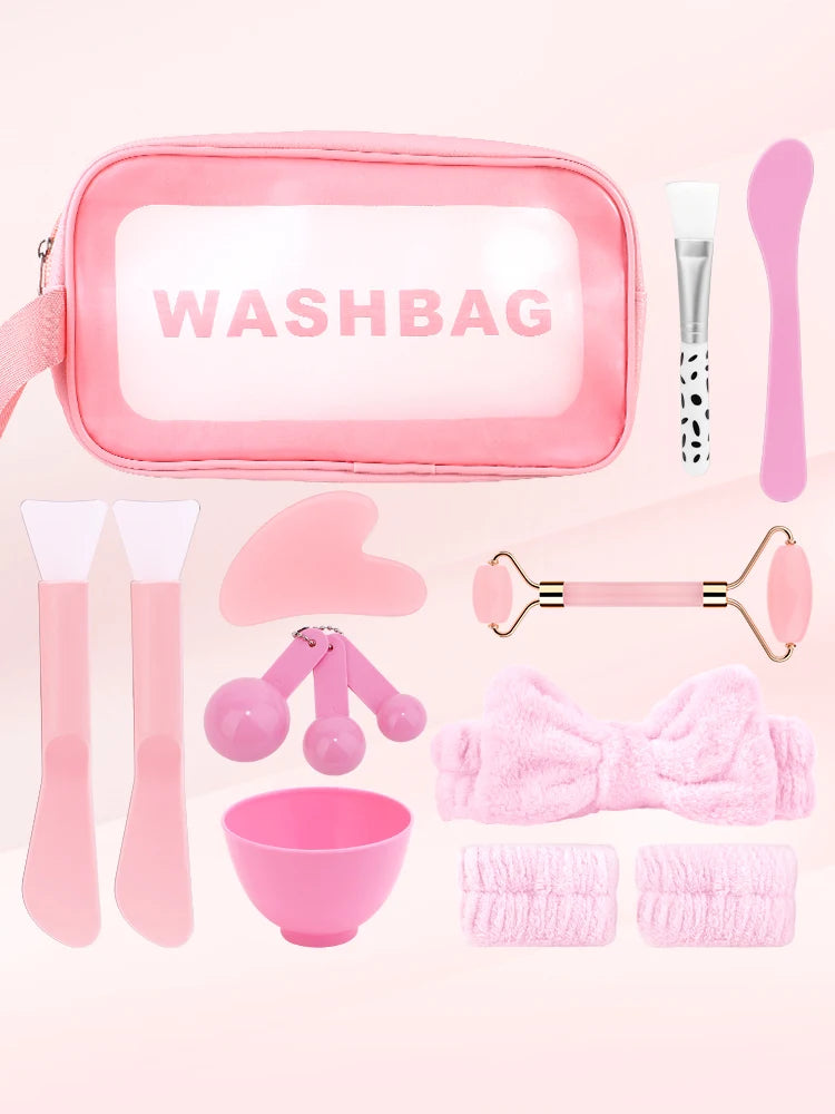 12PCS Facial Mask Care Kit – Full Pink Skincare Tool Set with Headband, Roller & Bowl