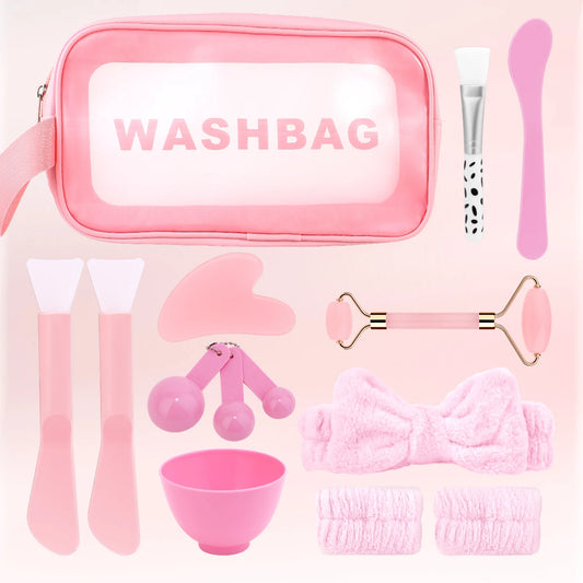 12PCS Facial Mask Care Kit – Full Pink Skincare Tool Set with Headband, Roller & Bowl