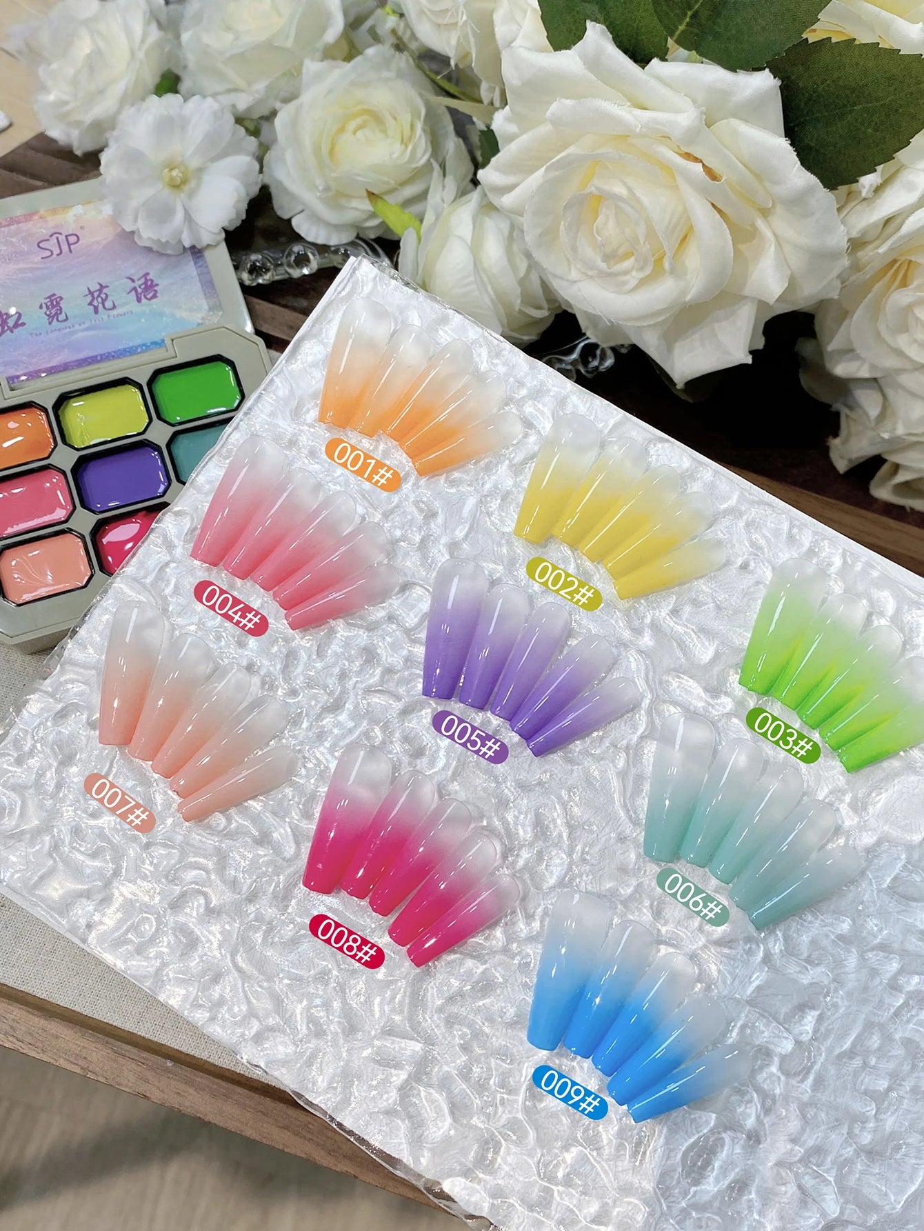 9-Color Semi-Solid Nail Art Glue Palette – Rainbow Jelly Gel for Creative Smudge & Patting Effects