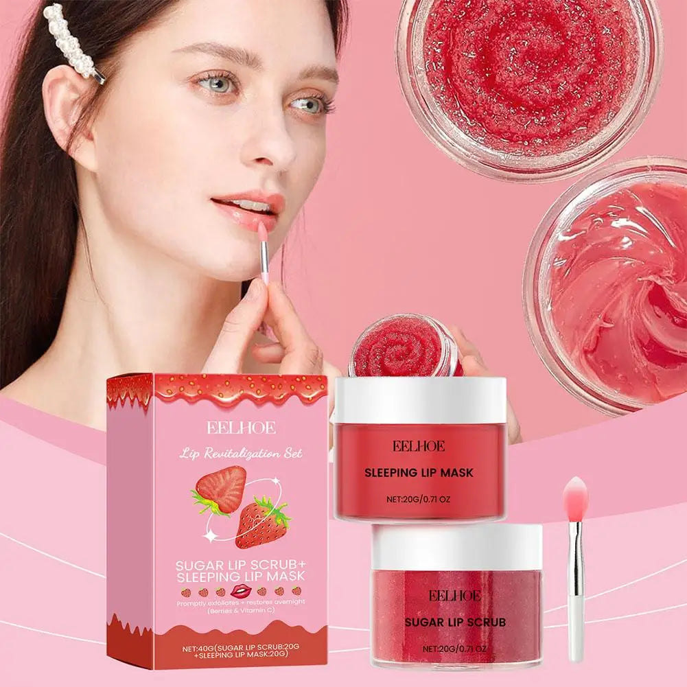 Strawberry Lip Scrub & Overnight Lip Mask Set – Exfoliate, Hydrate & Repair – Complete Lip Care Kit