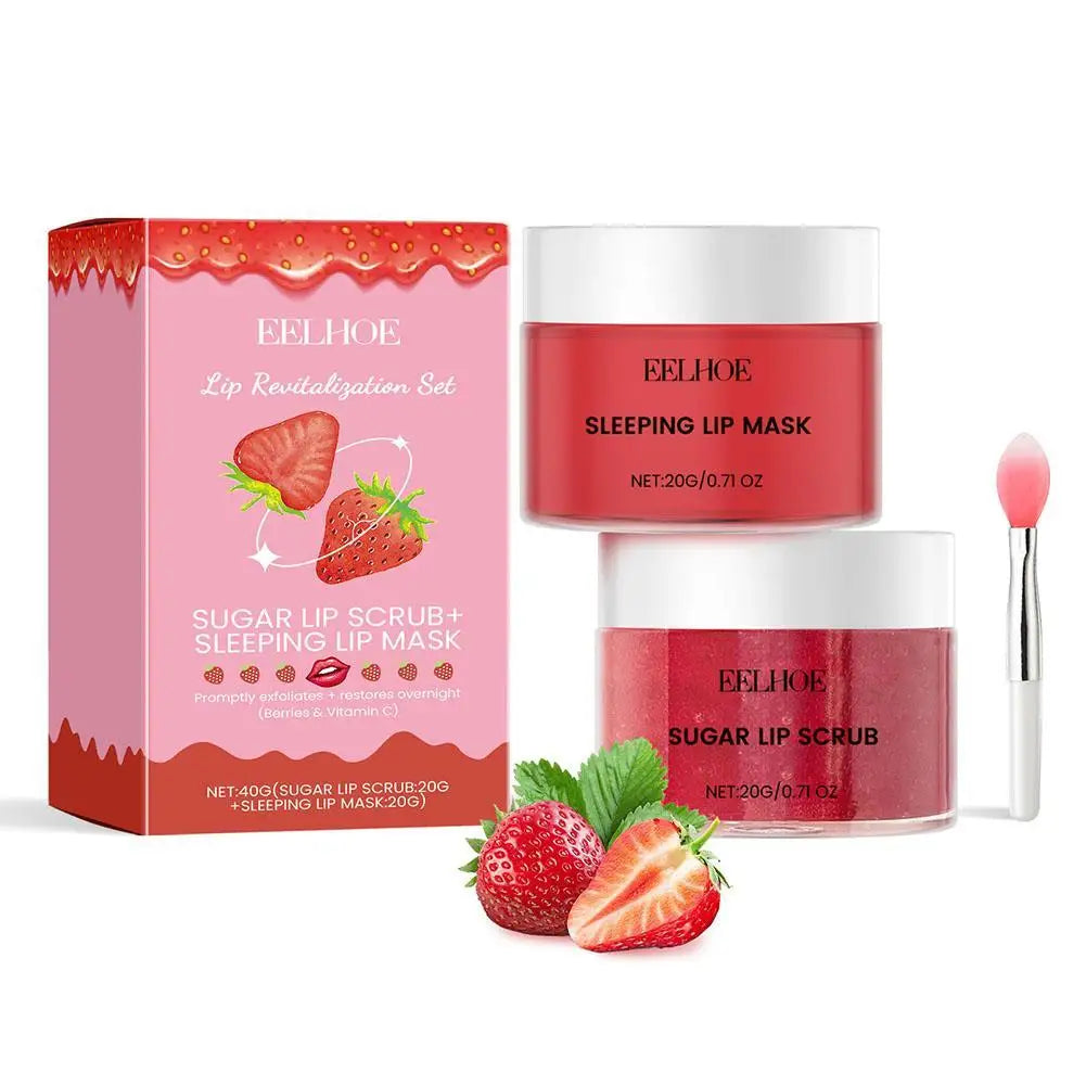 Strawberry Lip Scrub & Overnight Lip Mask Set – Exfoliate, Hydrate & Repair – Complete Lip Care Kit