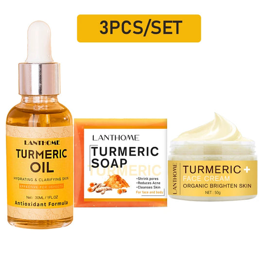 3PCS Turmeric Skincare Set – Brightening Face Soap, Essential Oil & Whitening Cream