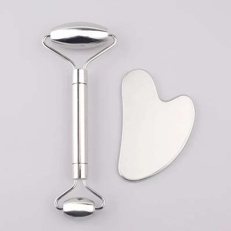 Stainless Steel Face Roller & Gua Sha Set – Double-Headed Massager for Face, Neck & Body