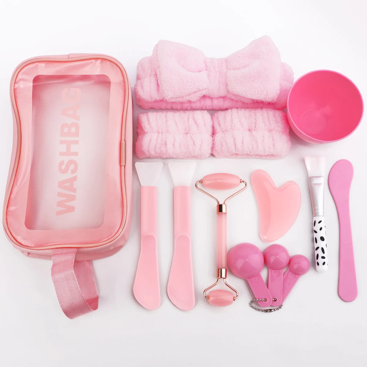 12PCS Facial Mask Care Kit – Full Pink Skincare Tool Set with Headband, Roller & Bowl