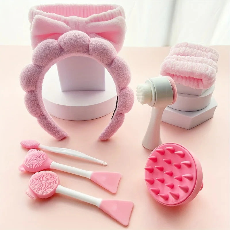 9-Piece Pink Beauty Kit – Headband Set, Facial Brushes & Massage Tools for Skincare & Makeup