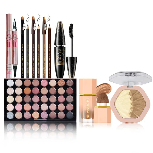 Complete Makeup Set – Eyeshadow, Eyeliner, Brow Pencil, Highlighter & Face Repair Palette (Long-Lasting)