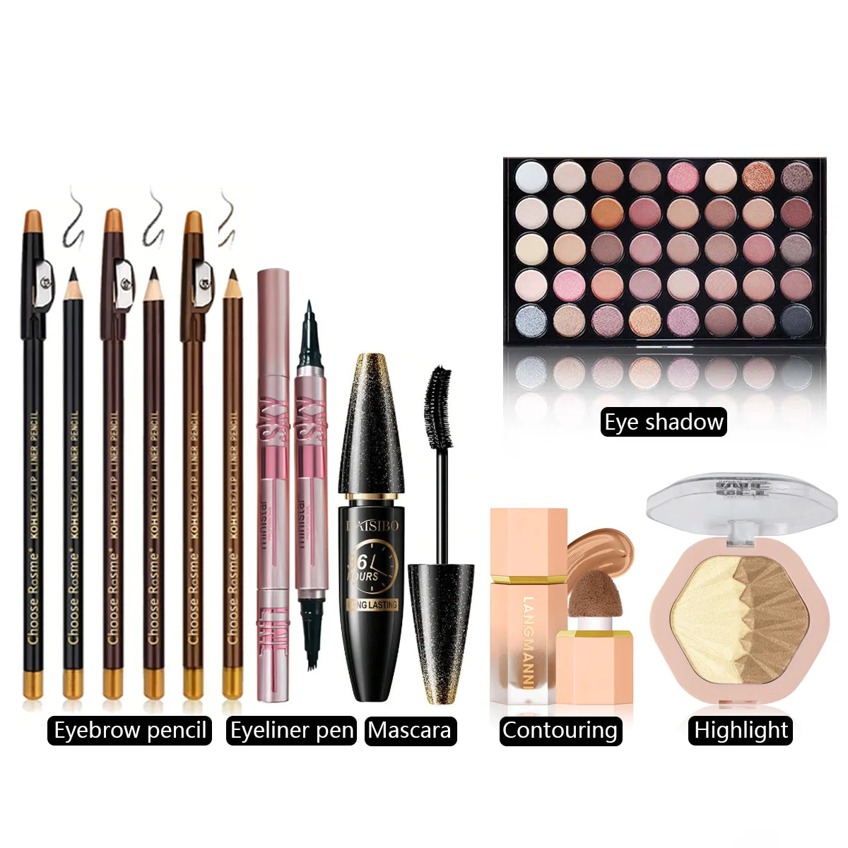 Complete Makeup Set – Eyeshadow, Eyeliner, Brow Pencil, Highlighter & Face Repair Palette (Long-Lasting)