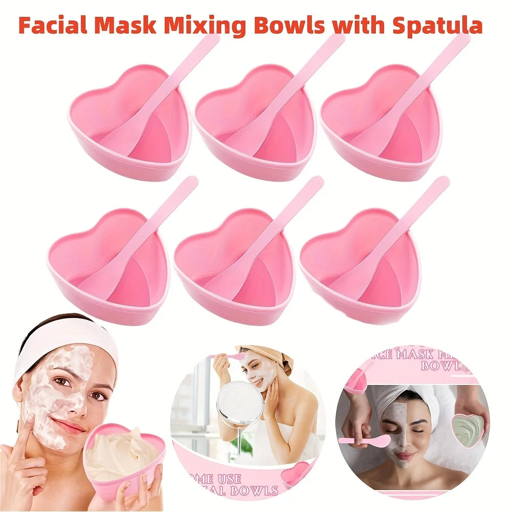 6-Piece Pink Heart-Shaped Face Mask Mixing Bowl Set – DIY Spa Tool Kit with Scraper & Spatulas for Home or Salon Use