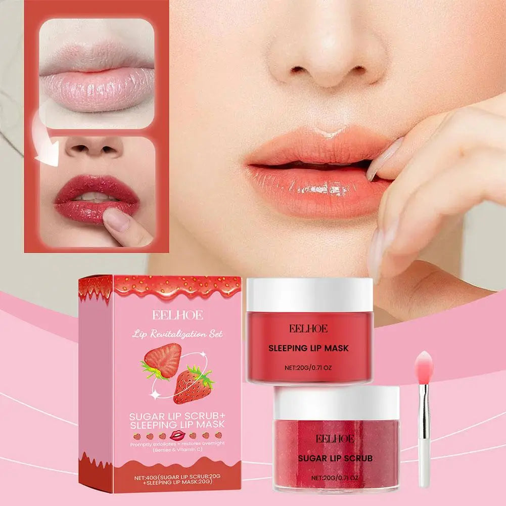 Strawberry Lip Scrub & Overnight Lip Mask Set – Exfoliate, Hydrate & Repair – Complete Lip Care Kit