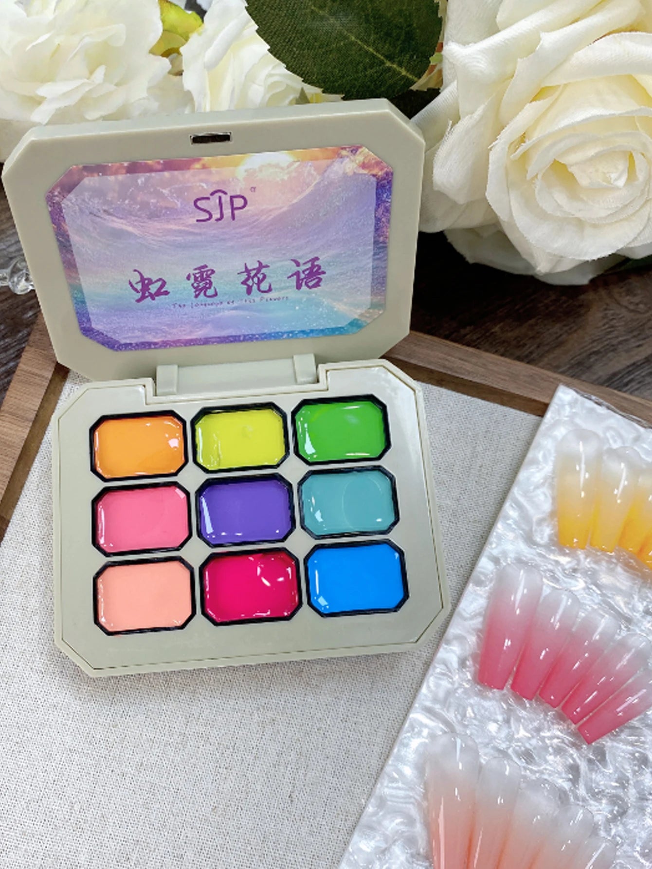 9-Color Semi-Solid Nail Art Glue Palette – Rainbow Jelly Gel for Creative Smudge & Patting Effects