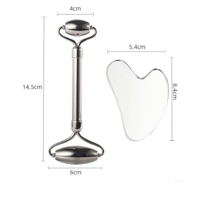 Stainless Steel Face Roller & Gua Sha Set – Double-Headed Massager for Face, Neck & Body