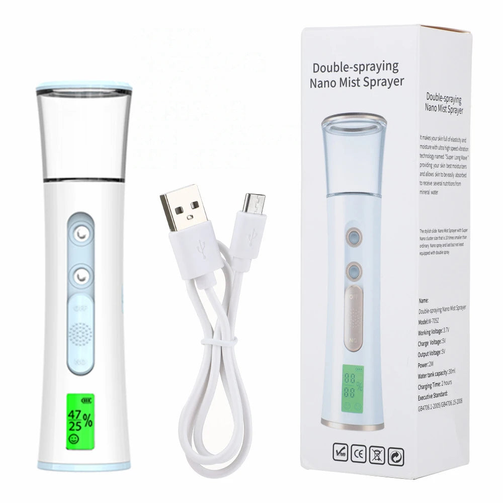 Nano Mist Sprayer with Skin Moisture Tester – 30ml Portable Face Steamer for Deep Hydration & Glow