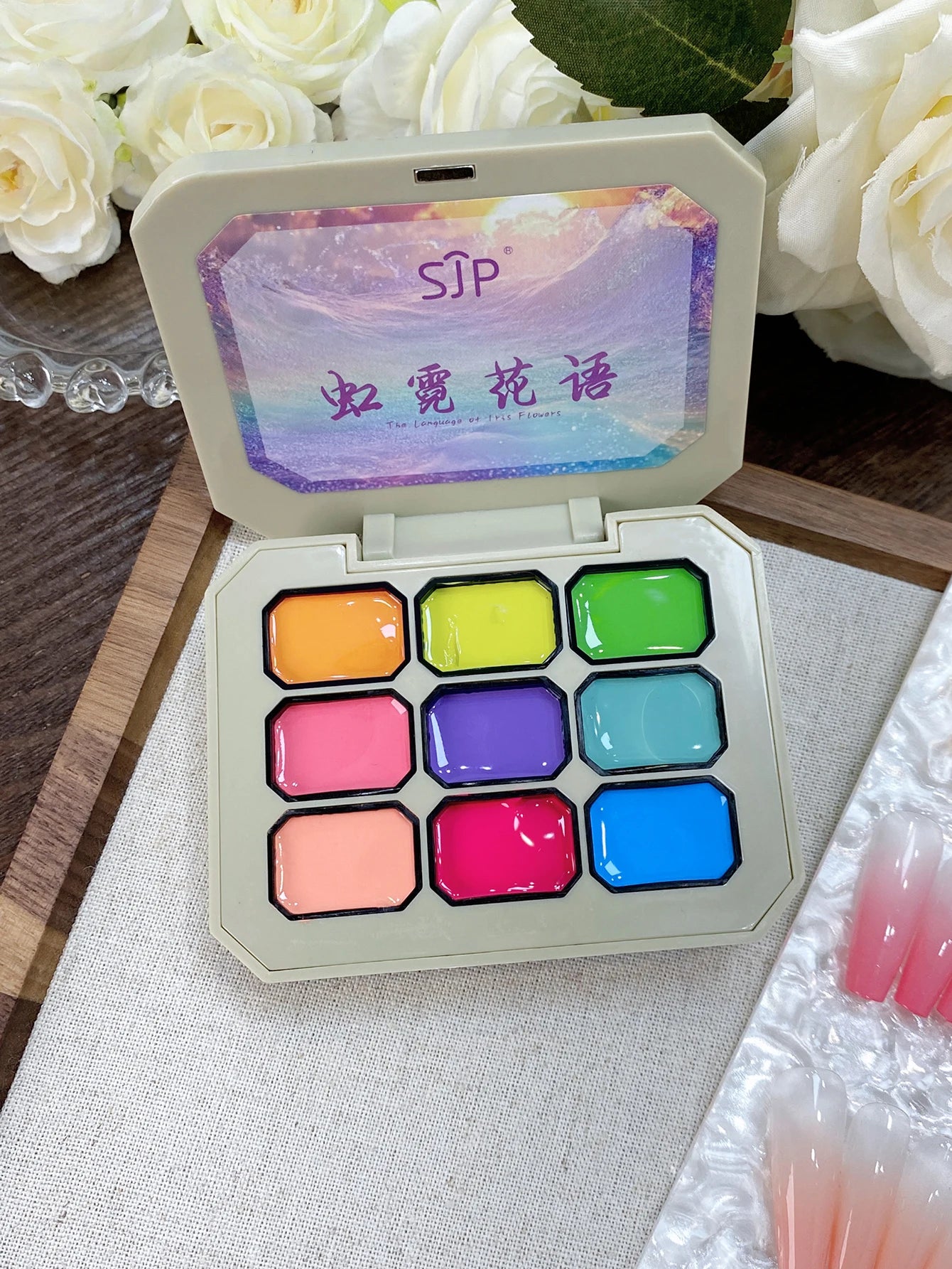9-Color Semi-Solid Nail Art Glue Palette – Rainbow Jelly Gel for Creative Smudge & Patting Effects
