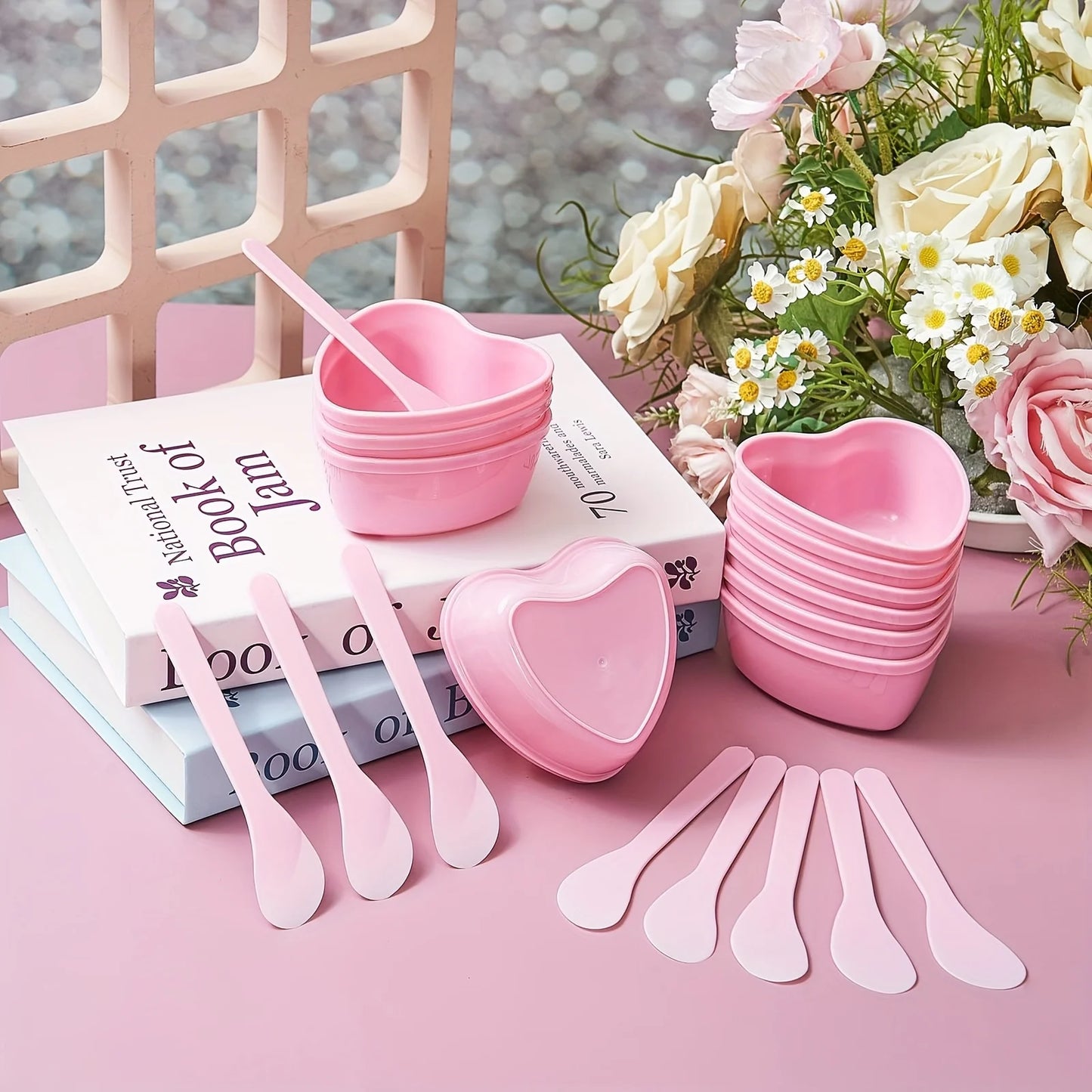 6-Piece Pink Heart-Shaped Face Mask Mixing Bowl Set – DIY Spa Tool Kit with Scraper & Spatulas for Home or Salon Use