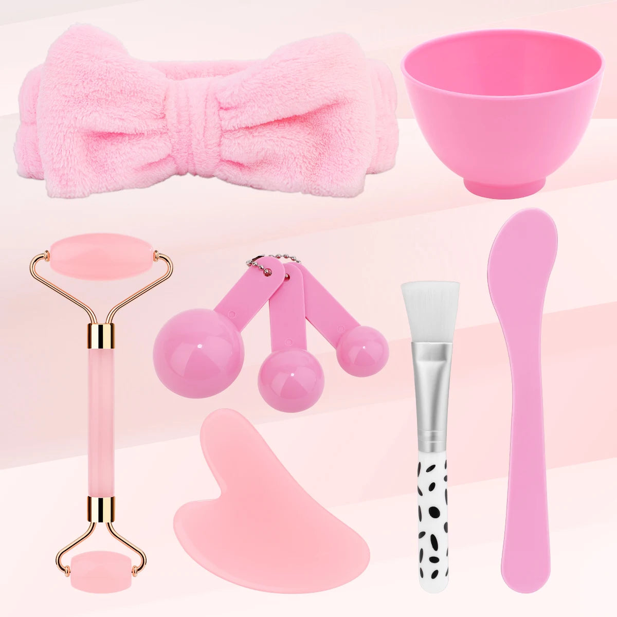 12PCS Facial Mask Care Kit – Full Pink Skincare Tool Set with Headband, Roller & Bowl