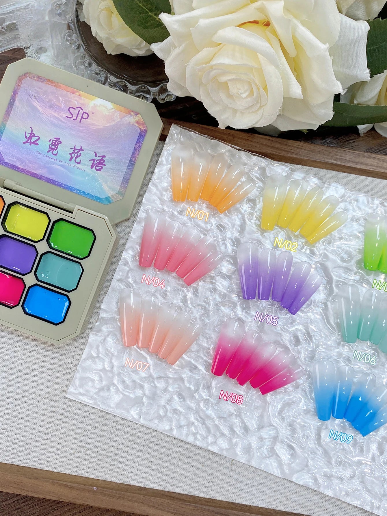 9-Color Semi-Solid Nail Art Glue Palette – Rainbow Jelly Gel for Creative Smudge & Patting Effects