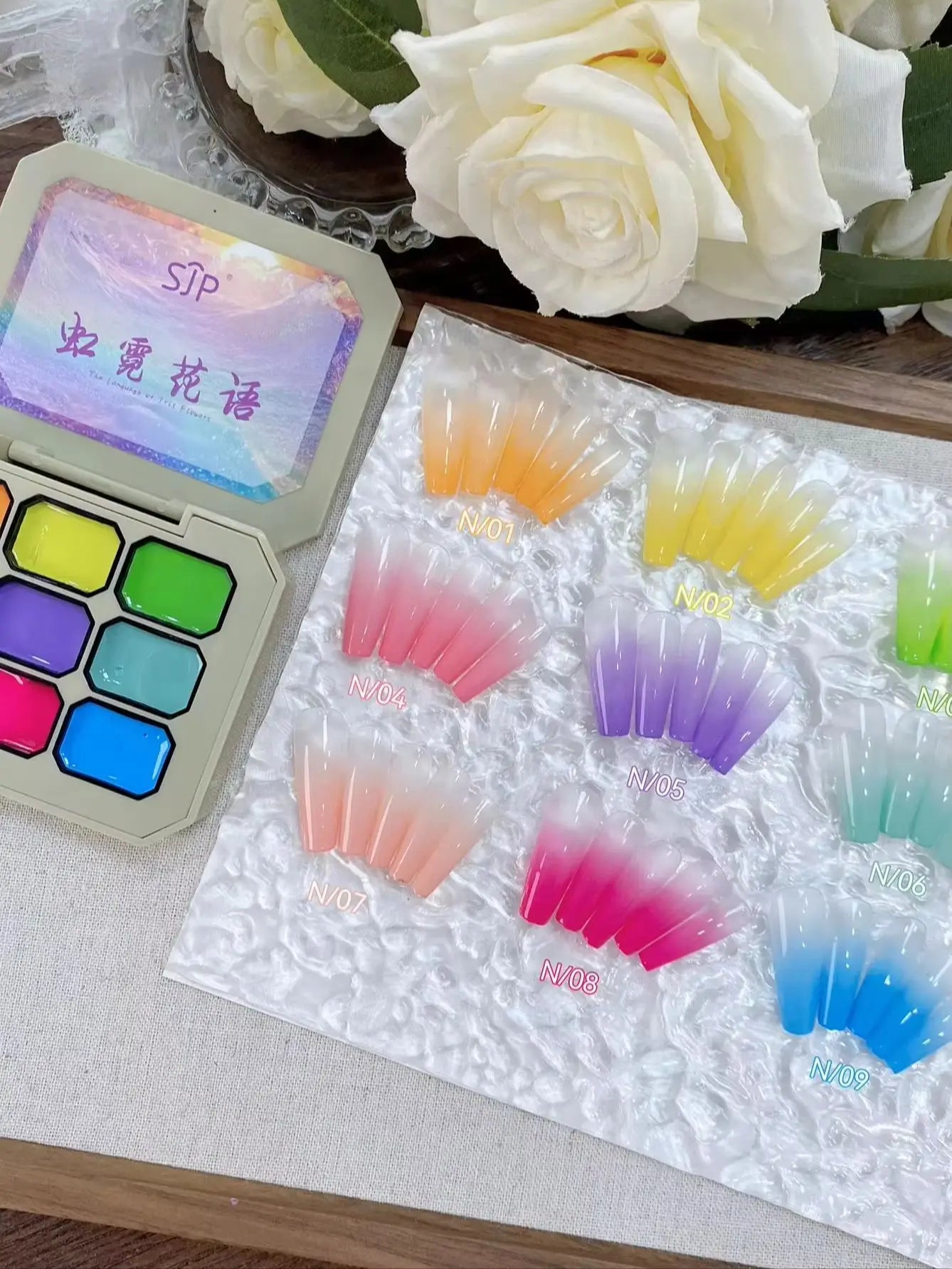 9-Color Semi-Solid Nail Art Glue Palette – Rainbow Jelly Gel for Creative Smudge & Patting Effects